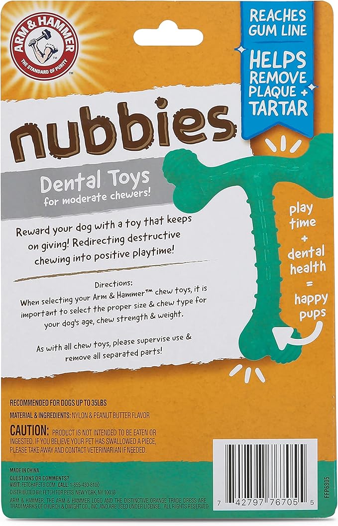 Arm & Hammer Nubbies T-Bone Dental Dog Chew Toy with Peanut Butter Flavor, Textured Chew Toy Designed to Help Clean Teeth and Support Oral Care for Dogs Up to 35 lbs - 24 Pack