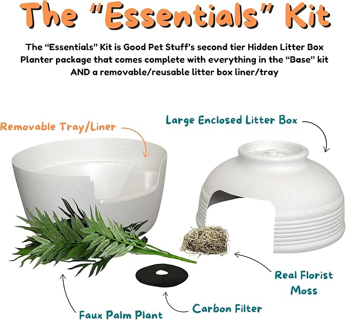Good Pet Stuff Hidden Litter Box Planter, Decorative Cat Litter Enclosure with Carbon Filter, Artificial Plant, Easy Clean, Indoor Design, Original Round Style, Essentials Kit, White Birch