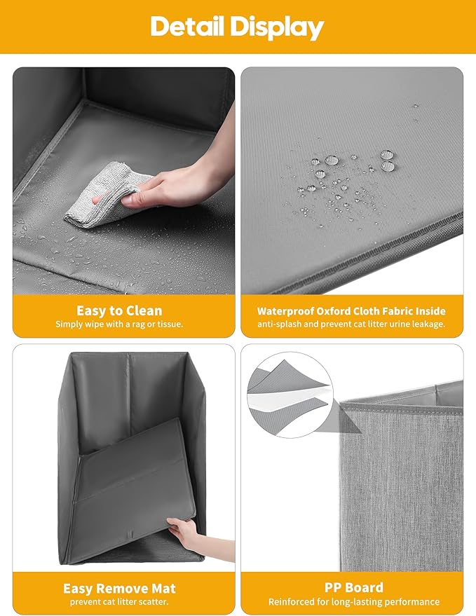 Waterproof Cat Litter Box Enclosure Splash Guard with Removable Mat, Cat Box Enclosure with 2 Hooks for Scoop, Anti-Leakage, Dust Control, Easy to Clean-24.02 x 16.14 x 16.14 inches