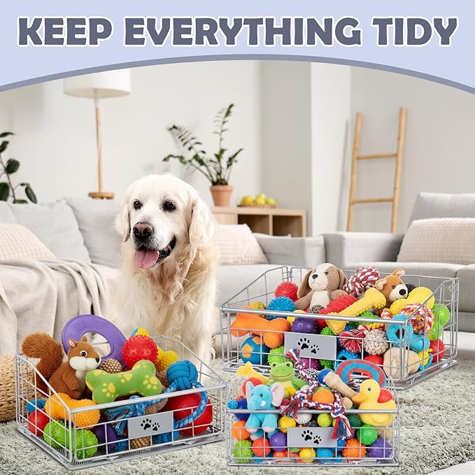 Mimorou 3 Pack Metal Dog Toy Baskets Multi-sized Foldable Dog Toy Bins Box Storage Container Organizer for Living Room Area Decorative Pet Accessories Coat Clothing Storage Holder Baskets(Silver)