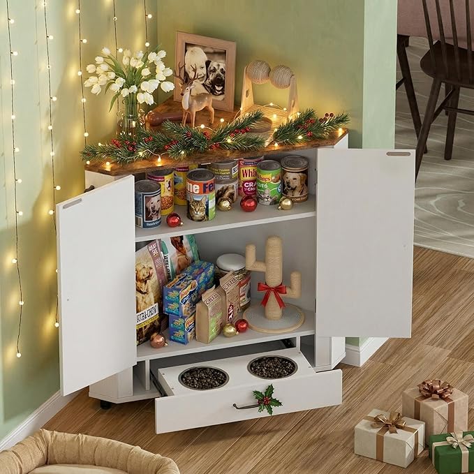 PakaLife Farmhouse Dog Food Storage Corner Cabinet, Dog Feeding Station with 2 Hidden Bowls, Adjustable Panel, 4 Hooks, Pet Feeding Station Corner Cabinet for Medium, Small Sized Dogs