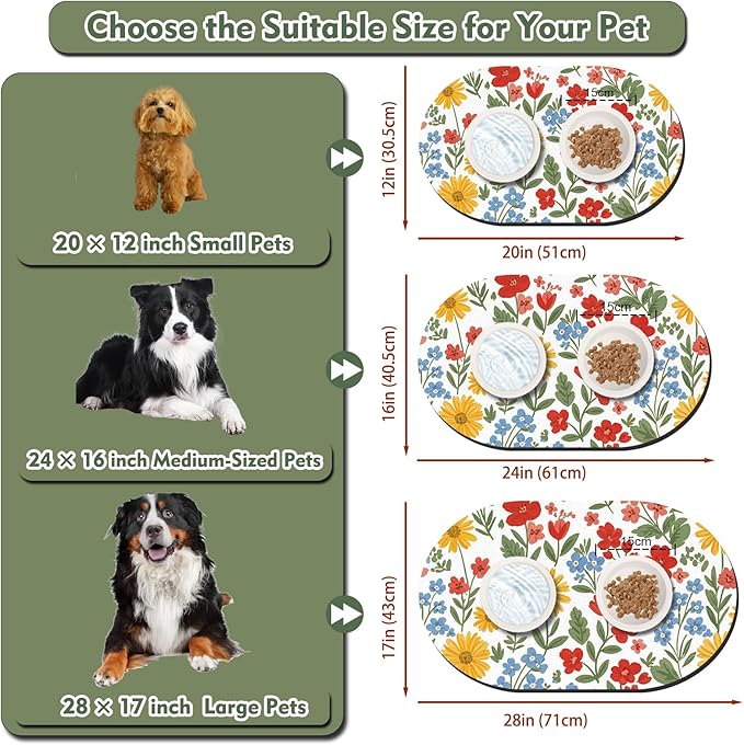 Pet Feeding Mat – 20''x12'' Absorbent Dog Food Mat, Pet Water Mats Protect Floor, No Stains Quick Dry Water Bowl Mats, Non-Slip Rubber Base Pets Placemats for Food and Water, White Floral