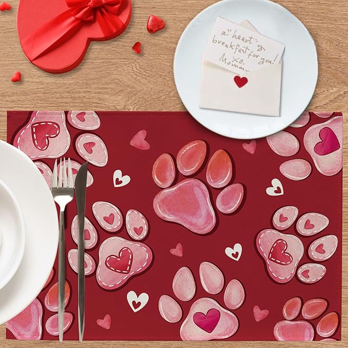 Valentines Day Dog Cat Paw Prints Placemats Set of 4, Pink Red Love Hearts Dining Place Mats Table Decor Pet Lover Gifts, Anniversary Wedding Home Kitchen Decoration 12 x 18 Inch