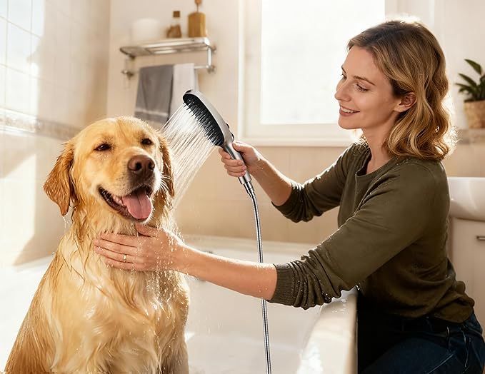 G-Promise 3 Mode Dog Shower Attachment with Pause Mode, Dog shower Sprayer with 100 Inches Stainless Steel Hose, Metal Diverter, Adhesive Holder, for Fast and Easy Dog Bathing and Cleaning