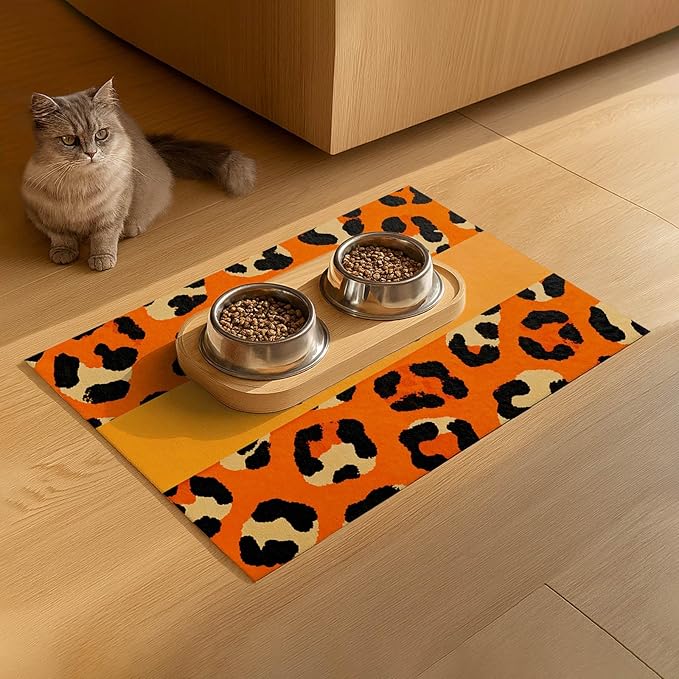 Puppy Feeding Mat 20x12 inch Orange Leopard Print Dog Bowl Placemat Non Slip Mat for Pet Food and Water Small Dog Food Area Indoor Puppy Feeding Station Pet Meal Mats for Kitchen