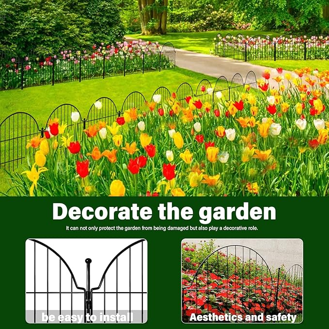 6 Panels No Dig Decorative Garden Fence, 25in (H) x 12.2ft (L) Animal Barrier Fencing for Dog, Easy Install Temporary Fence for Yard, Rustproof Wire Garden Border