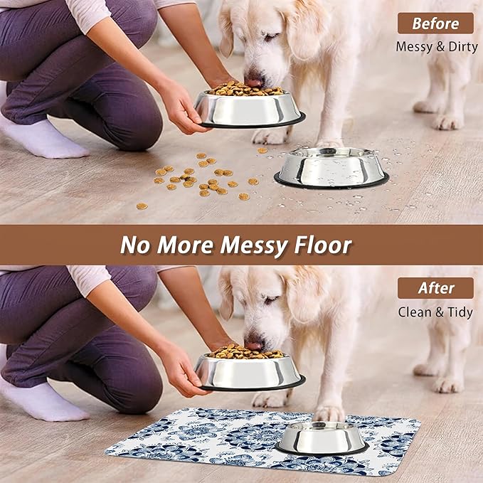 Mandala Flower Dog Food Mat for Floors,Blue Boho Floral Absorbent Quick-Dry Pet Feeding Mat,Cat Dog Bowl Mats for Food and Water,Non-Slip Pet Accessories Supplies 12"x20"