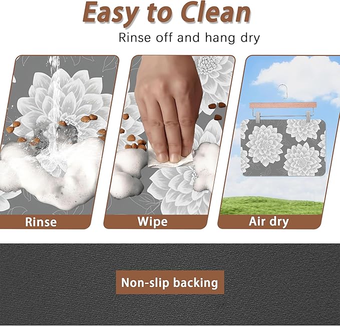 Dahlia Dog Cat Food Mat,Gray White Flowers Absorbent Pet Feeding Mat with Rubber Backing,Non-Slip Water Bowl Placemat,Indoor Pet Accessories Supplies 12"x20"