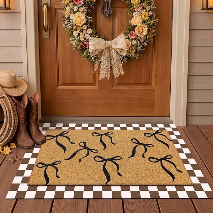 Tinideya 2 Pcs Boho Bows Door Mat Welcome Non Slip Coir Mats Floor Layering Doormats Seasonal for Front Porch Entryway Decor(Boho Bows)