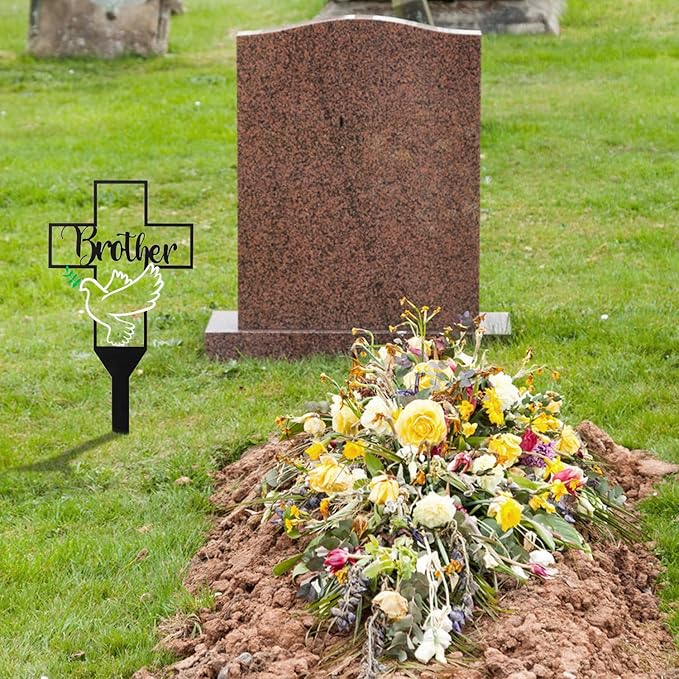 BUoonyer Garden Stake Graves Cemetery Decorations, Brother Metal Memorial Grave Markers, Cross Graveyard Commemorative Plaque for Boy, Dove Remembrance Sympathy Graveside Decor Sign for Outdoor Yard
