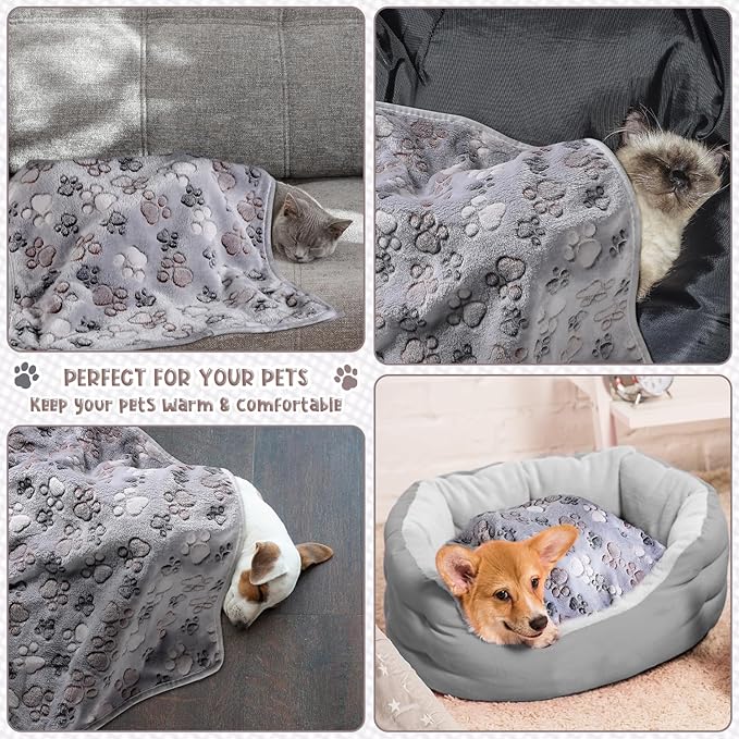 Tegeme 8 Pcs Fleece Dog Blankets for Small Dogs Cat Soft Coral Velvet Warm Sleep Mat Fluffy Dog Paw Print Blanket for Kitten Doggy Small Animal(24 x 16 Inch,Gray)