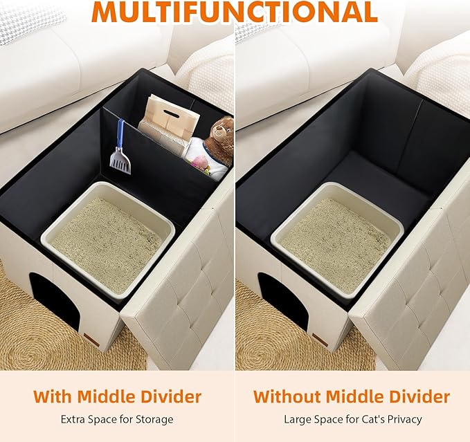 3-in-1 Cat Litter Box Enclosure for Odor Control, Hidden Litter Box Furniture Cabinet Ottoman with Flip-Up Lid, Multi-Functional Bench with Storage Footrest, Dog Proof (Cream, Large)