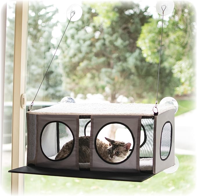 K&H Pet Products EZ Mount Cat Window Perch Penthouse 2-level Tree, Sturdy Window Perch for Large Cats, Steel Frame, Sturdy Suction Cups, Enclosed Privacy Area - Fits 24"W X 34"H Glass Spaces
