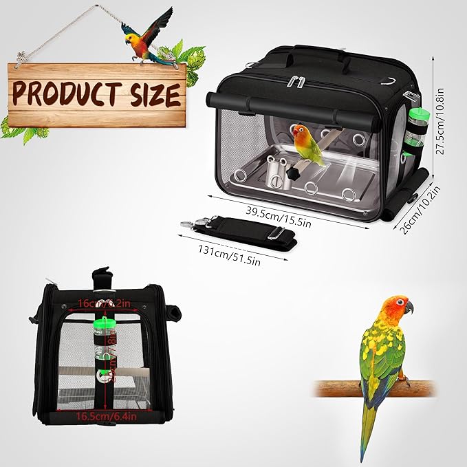 Suertree Bird Carrier Airline Approved, Bird Travel Cage with Indestructible Stainless Steel Mesh, Bird Travel Bag Lightweight and Portable with Water Bottle and Bowl