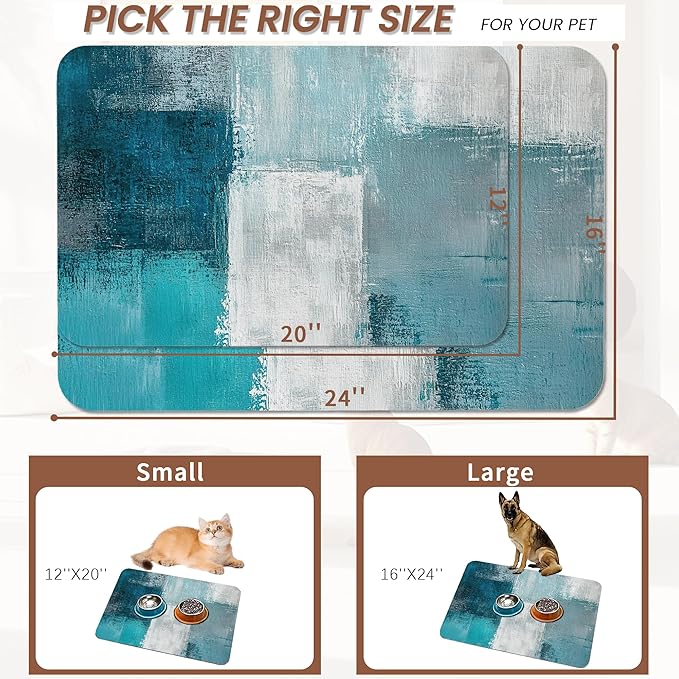 Turquoise Grey Dog Cat Food Mat,Teal Modern Art Absorbent Pet Feeding Mat for Food and Water,Non-Slip Dog Bowl Mats Floor Protector 16"x24"