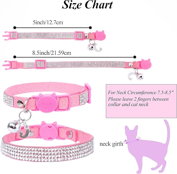 Rhinestone Cat Collar Breakaway with Bell Safety Buckle, Adjustable Diamond Girl Boy Kitty Cute Comfy Collar for Kitten Tiny Little Pets Rabbits, 6"-9" Pink Extra Small
