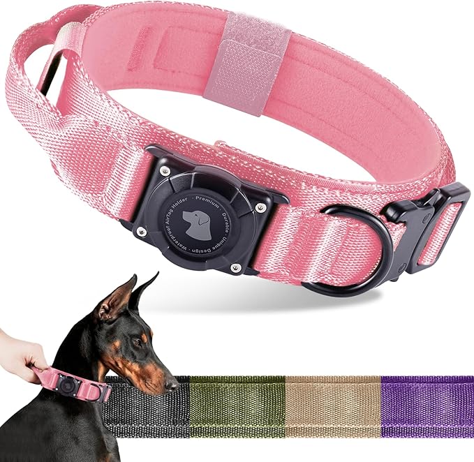 2025 Upgrade Waterproof AirTag Dog Collar, Military Tactical Dog Collar with AirTag Holder, Comfortable Control Handle and Metal Buckle, GPS Dog Collar Holder for Medium to Large Dogs (Pink,L)