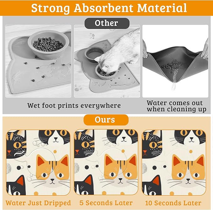 Cats Dog Cat Food Mat,Absorbent Waterproof Placemat for Food and Water Non Slip Rubber Backing Durable Feeding Pad for Clean Floors 16" x 24"