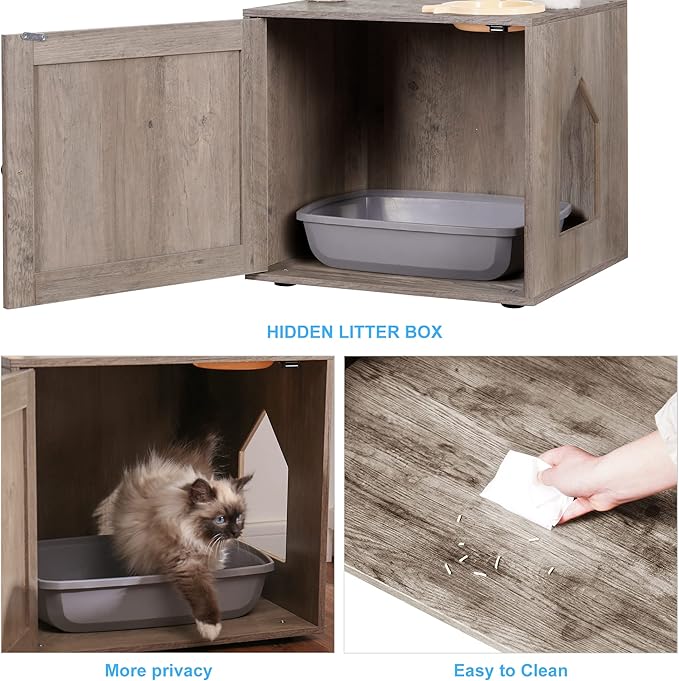 Hey-brother Cat Tree with Litter Box Enclosure, All-in-one Cat Tower for Indoor Cats with Large Hammock, Bed, Food Station, Scratching Posts, Modern Style Pet Furniture, Rustic Gray MPJ100SG
