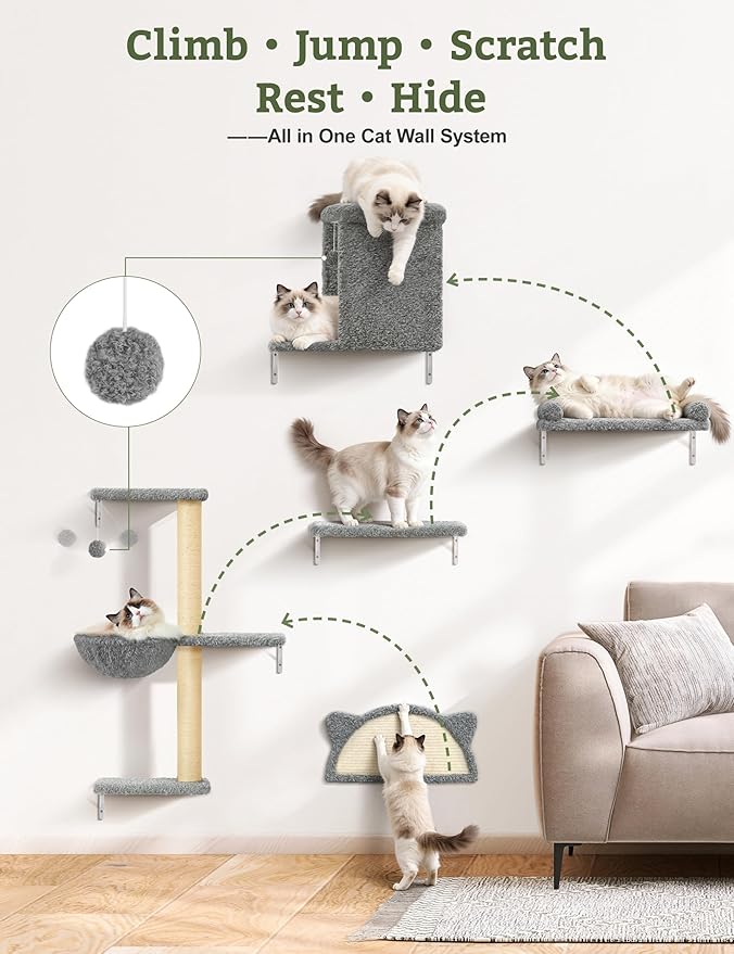5-in-1 Cat Wall Shelves, Solid Wood & Velvet & Sisal Scratcher, 44lbs Max Load, Wall Mounted Cat Furniture for Climbers, Cat Climbing Wall System, Fits Drywall & Solid Walls - Cool Gray