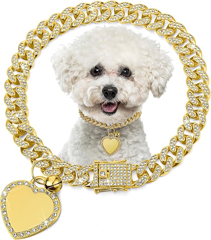 Hillban Dog Chain Gold-Plated Diamond Collar with Heart Rhinestones Jewelry Pet ID Tag Chain Bling Puppy Collar with Personalized Name Tag for Small Medium Large Dog Cat(Gold,8 Inch)