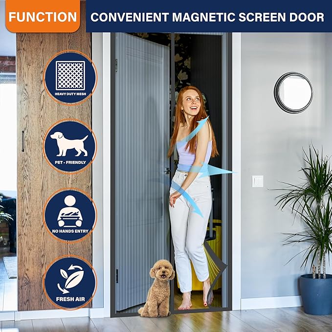 Mesh Screen with Magnetic Closure-Keeps Bugs Out Let Breeze in, Heavy Duty - Pet and Kid Friendly, Works with Front, Sliding Doors (38 x 82 Inch) Gray