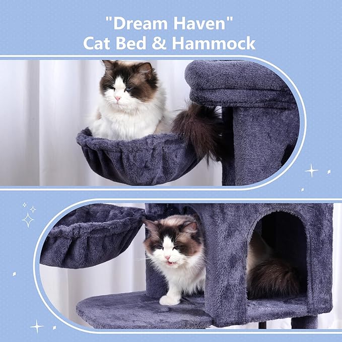 Hey-brother Cat Tree Tower, Scratching Posts with Cozy Condo, Padded Bed, Hammock, Plush Perch, Sisal Post and Ball for Indoor Kittens, 44.9 Inches, Smoky Gray MPJ009SG