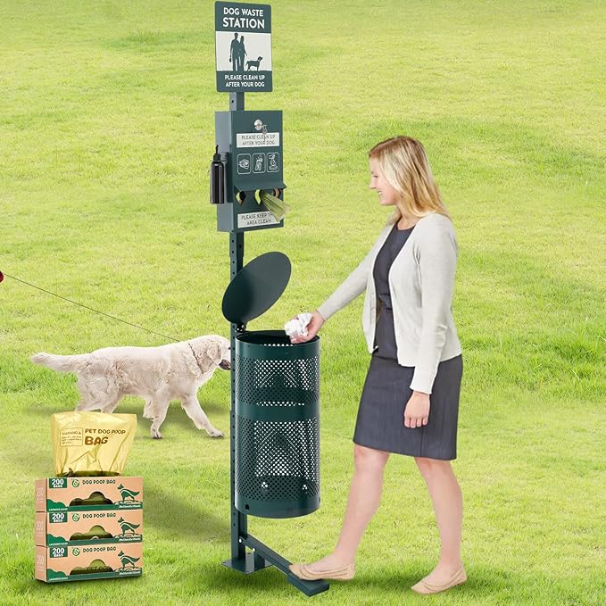 Qinyoung Pet Waste Station, Includes 600 Roll Bags, Dog Waste Station with Foot Pedal, Dog Poop Sign, Bag Dispenser, Hand Sanitizer Bottle and Covered Outdoor Trash Can for Parks, Trails Outdoor