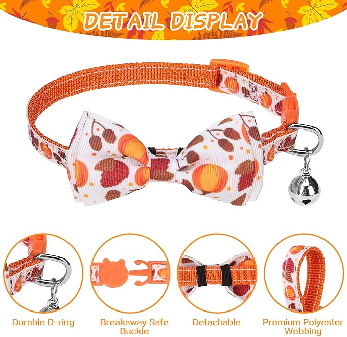 SCENEREAL Fall Thanksgiviing Cat Collar Breakaway Girl Boy, 3 Pack Turkey Pumpkin Pattern Adjustable Kitten Collars with Bell, Holiday Cute Cat Collars with Bowtie and Safety Buckle