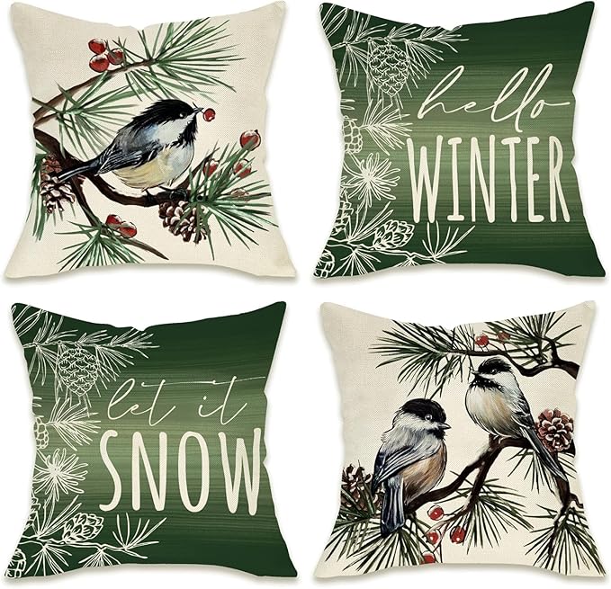 Fahrendom Hello Winter Green Decorative Throw Pillow Covers 20 x 20 Set of 4, Chickadee Pine Needle Branch Porch Patio Outdoor Pillowcase, Christmas Pine Cone Red Berry Sofa Cushion Case Home Decor