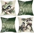 Fahrendom Hello Winter Green Decorative Throw Pillow Covers 20 x 20 Set of 4, Chickadee Pine Needle Branch Porch Patio Outdoor Pillowcase, Christmas Pine Cone Red Berry Sofa Cushion Case Home Decor