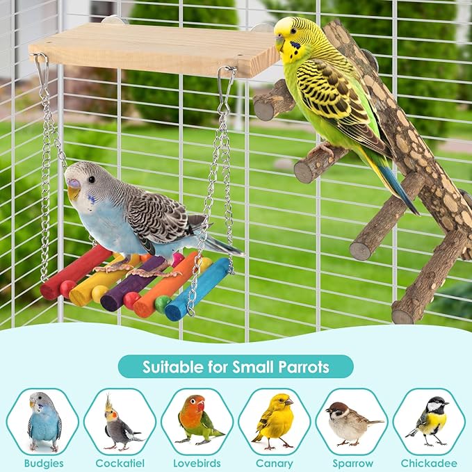 3in1 Bird Perch Toys for Parrots, Wooden Ladder Perch for Cage, Parrot Platform Stand Colourful Swing Hammock Climbing Bridge Exercise Cage Accessories for Budgies Cockatiels Lovebirds Hamster