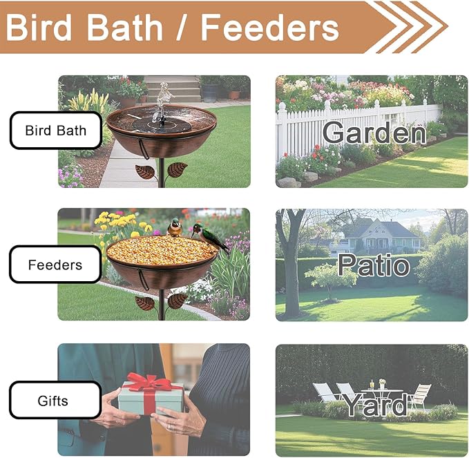 3" Deep Metal Bird Bath for Outdoors, Removable 13" Dia Bowl with Stable Upgrades Stake, Easy to Clean Birdbaths for Garden Yard Lawn Decor 1.4 Gallon