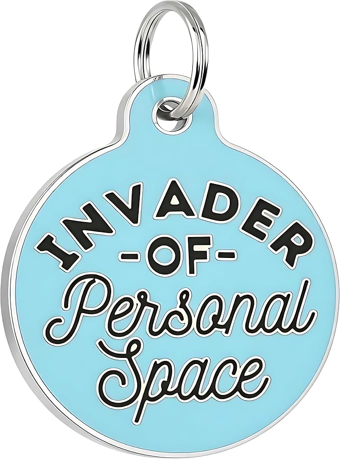 Bad Tags Personalized Dog and Cat ID Tags in 25+ Designs and 2 Sizes - 5 Lines of Custom Engraved Text - Funny Cute Personalized Pet Tags (Invader of Personal Space - Blue, Large (1.25 inch))