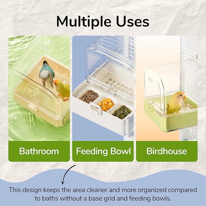 Hanging Bird Bath for Cage with Bowls & Mesh Bottom - 3-in-1 Multifunction Bird Bath/Bowl/House, Bird Shower for Lovebirds, Finches, Parakeets, Budgies, and Other Small to Medium Birds - White
