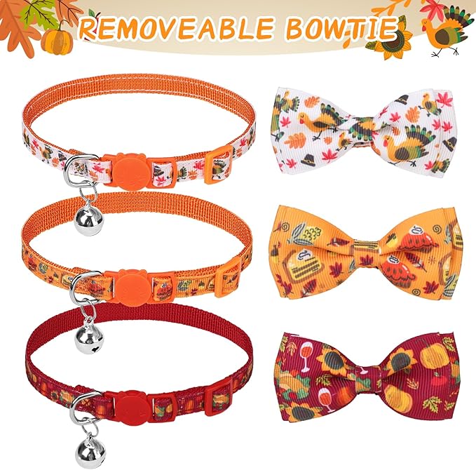 SCENEREAL Thanksgiving Cat Collar Breakaway, 3 Pack Kitten Collars with Bell, Bowtie and Safety Buckle - Adjustable Cute Holiday Cat Collars with Turkey and Pumpkin Pattern for Girl Boy