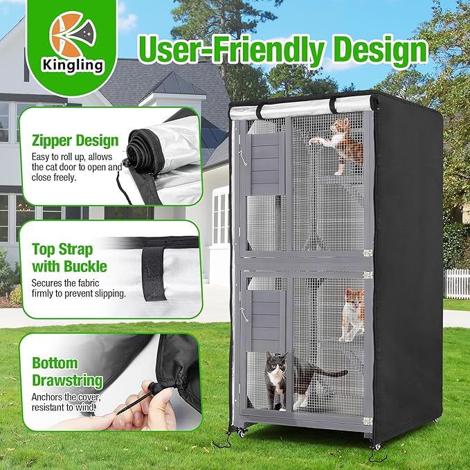 Kingling Outdoor Cat House Cover for 4 Tier Catio Outdoor Cat Enclosure With Wheels, Universal Catio Cover Waterproof & Dustproof Pet Enclosure Cover for Outsides(Cover Only)- 25"L x 25"W x 62"H inch