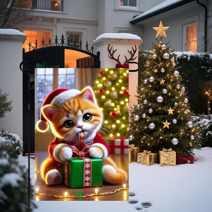 Christmas Garden Flag 12x18 Inch Cute Kitten Gift Flag Double Sided Holiday Cat Banner Outdoor Pet Yard Decoration for Porch Tree Lighting Display