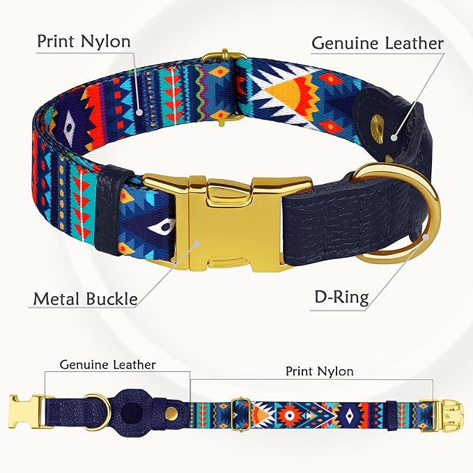 AirTag Dog Collar for Small Medium Large Breed - Adjustable Cute Pattern Dog Collar with Airtag Holder - Soft Leather Tracker GPS Apple Air Tag Pet Collars (Medium, 14"-18" Neck Fit, Navajo)