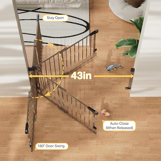 Cumbor 29.2–43" Baby Gate for Stairs, Wall-Mounted (Drill Required), Expandable No Bottom Bar Dog Gate, Auto Close Extra Wide Walk Thru, Pet & Toddler Proof Gate, Top & Bottom of Stairways (Brown)