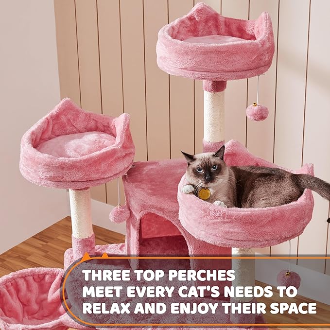 Yaheetech 68.5in Cat Tree for Large Cats, Multi-Level Cat Tower with 3 Wide Perches, Large Condo, Stable Pet Play House w/Sisal-Covered Scratching Posts & Board, Pink
