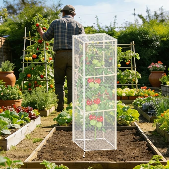 Klmnop 3 Pcs Tomato Cage Cover, Bird Netting for Square Tomato Cage, 15.7" x 15.7" x 49" Plant Cover with Zipper & Drawstring, Garden Bird Barrier Protection for Tomato Plants(Cover Only, White)