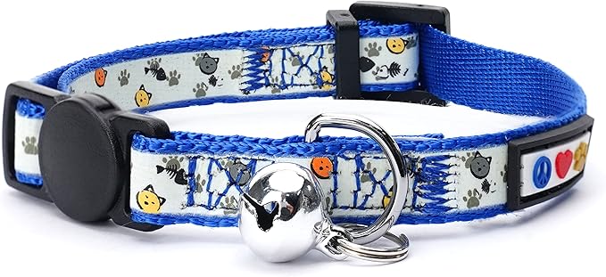 Pawtitas Glow in The Dark Cat Collar with Breakaway Safety Buckle & Bell Adjustable Kitten Collar, Blue