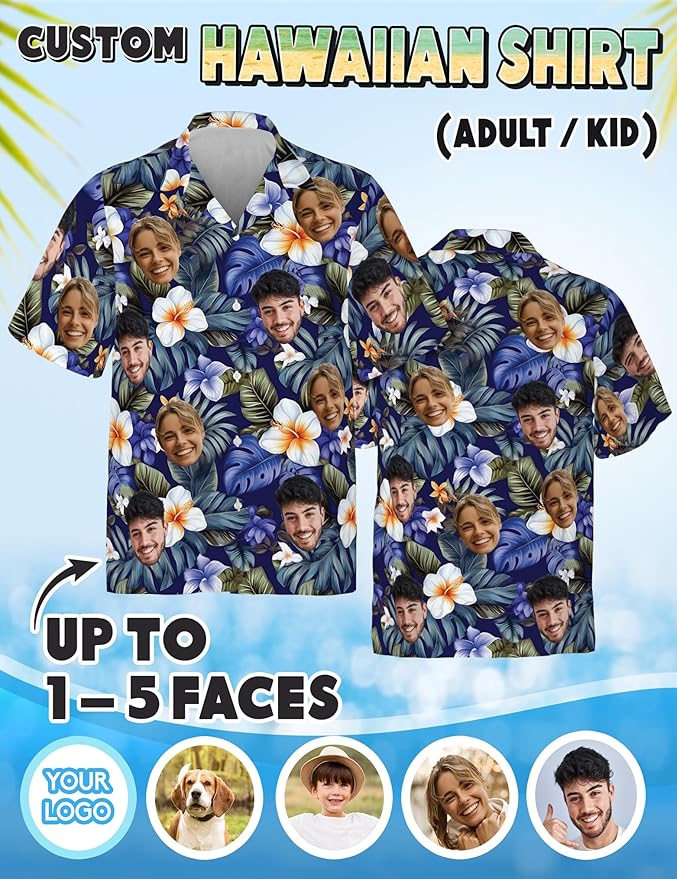 Custom Hawaiian Shirt with Face Photo Picture for Men Women Kids Youth Adult, Tropical Personalized Hawaiian Shirts Gift