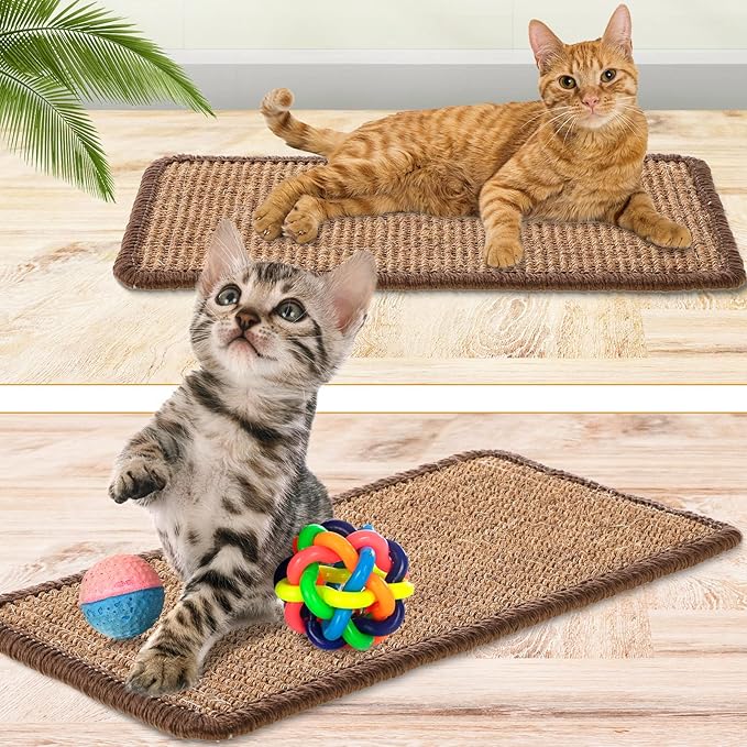 Tuanse 4 PCS Cat Scratcher Mat, 15.7 x 7.8 Inches Sisal Cat Scratching Pad, Horizontal Floor Scratching Pad Rug with Adhesive Loop Tape for Protect Couch and Carpets(Brown)