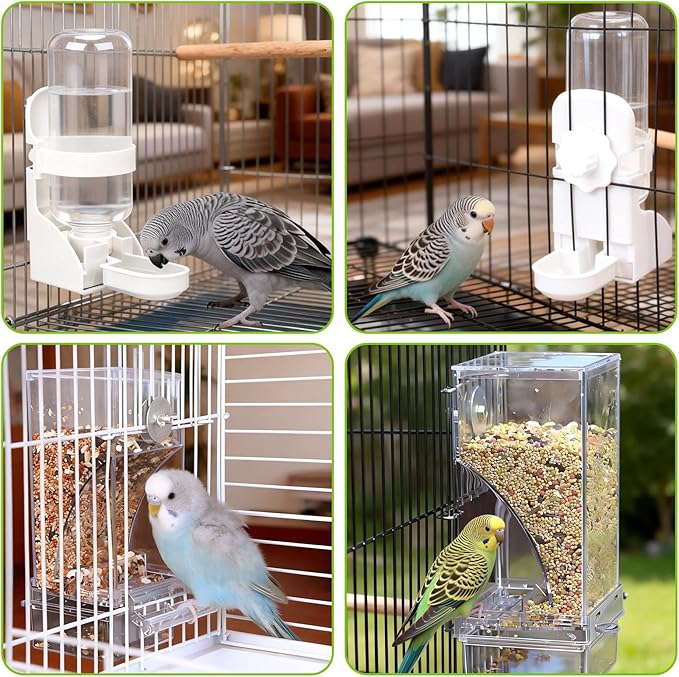 Rypet No Mess Bird Water Feeder Dispenser Set Automatic Bird Feeder Transparent Food Container Cage Acrylic Parrot Feeders Accessories for Small Birds Parrot Cockatoo Canary