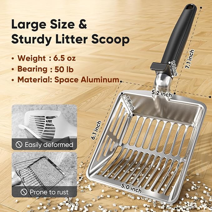 Metal Cat Litter Scoop, Large Cat Scooper with Deep Shovel & Dual Sifting Holes for Fast & Precise Sifting, Space Aluminum Kitty Litter Scooper with Long Handle & Easy-to-Hang Hook - Black