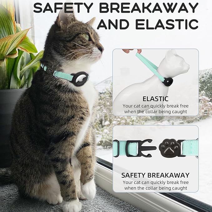 AirTag Cat Collars, Stretchy Collar with Apple AirTag Holder and Bell, Breakaway Ultra Design Elastic GPS Tracking Collars for Cats and Puppies, (7.5-12.5 Inch), Green