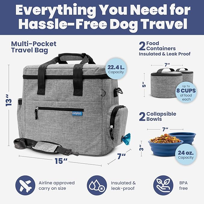 The Original Doggy Bag™ - Complete Dog Travel Bag for Supplies with 2 BPA-Free Travel Dog Bowls & 2 Pet Food Containers - Traveling Kit for Road Trips, Camping, Weekend Away or Doggy Gift: Grey