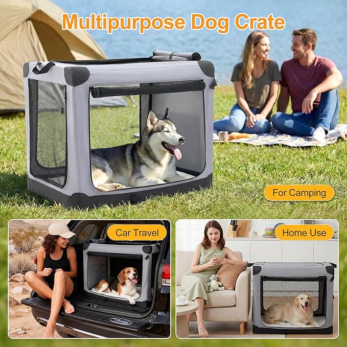 Dog Travel Crate 30 Inch, Portable Soft-Sided Travel Carriers for Dogs and Cats, Foldable Pet Kennel with 3-Doors Mesh Windows Indoor & Outdoor, Grey